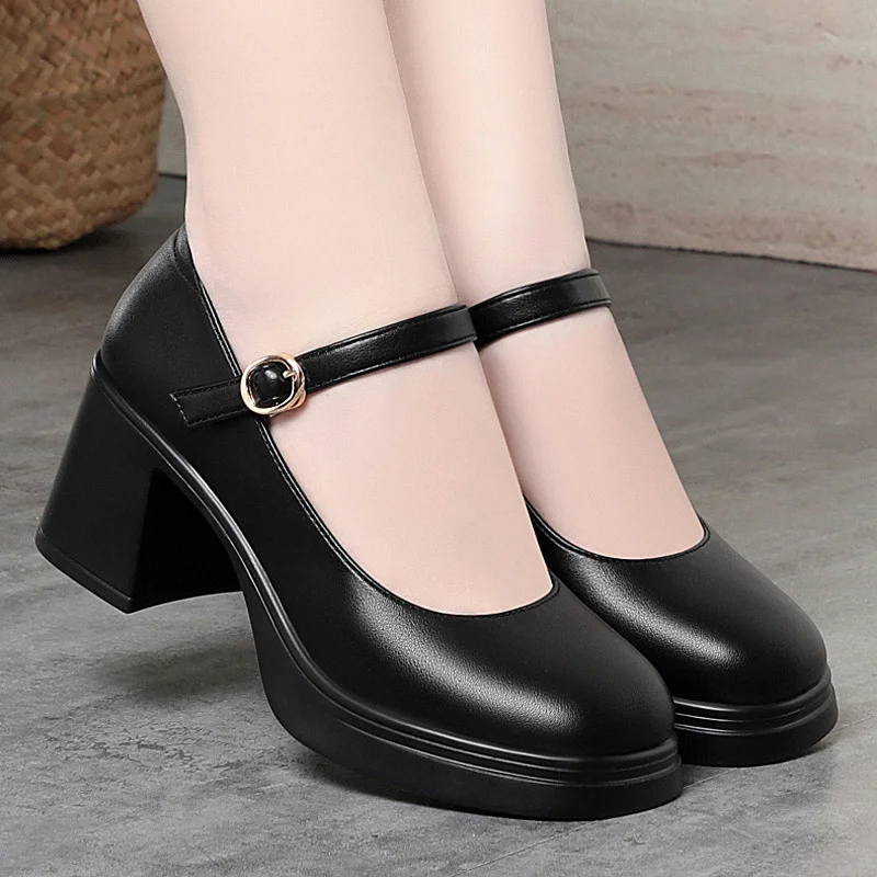 Square Toe Single Shoes Soft Sole One-Button Thick Heel Work Shoes Black High Heels Work Leather Shoes Comfortable Commuting