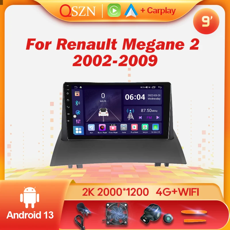 

Автомобильный радиоприемник Carplay, 9 дюймов, Android 13, для Renault Megane 2 2002-2009, мультимедийный видеоплеер, Wi-Fi, GPS-навигация, беспроводное головное устройство