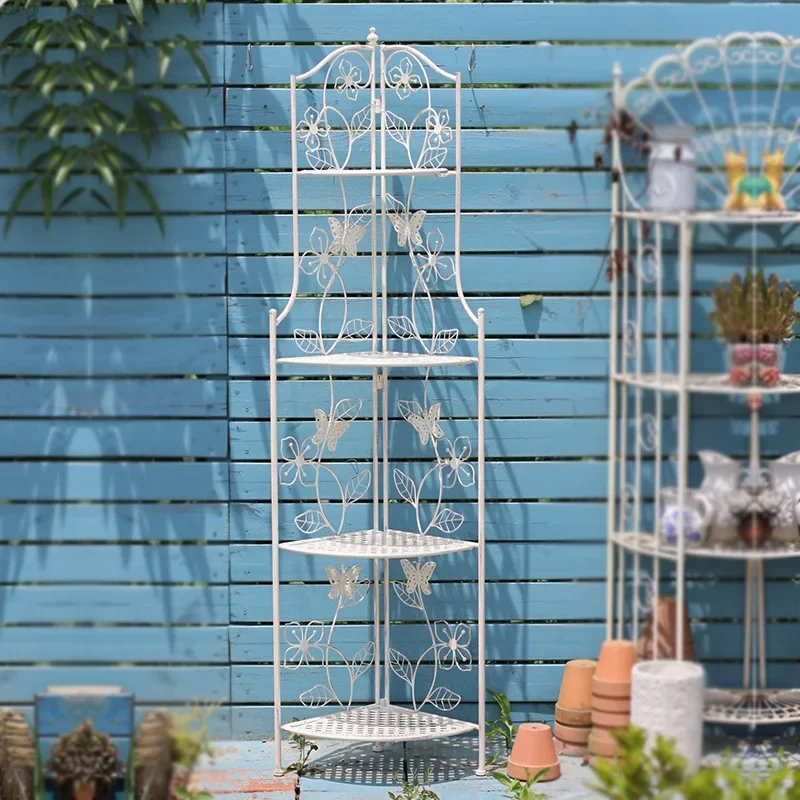Balcony wrought iron multi-layer corner flower stand, floor-to-ceiling outdoor courtyard garden right-angle rack