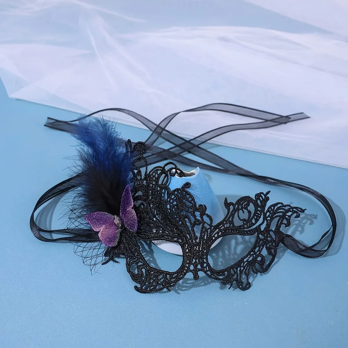 قناع تنكر أسود للحفلات التنكرية نصف وجه، قناع على شكل فراشة من الريش، قناع عين غامض سنوي للحفلات #6