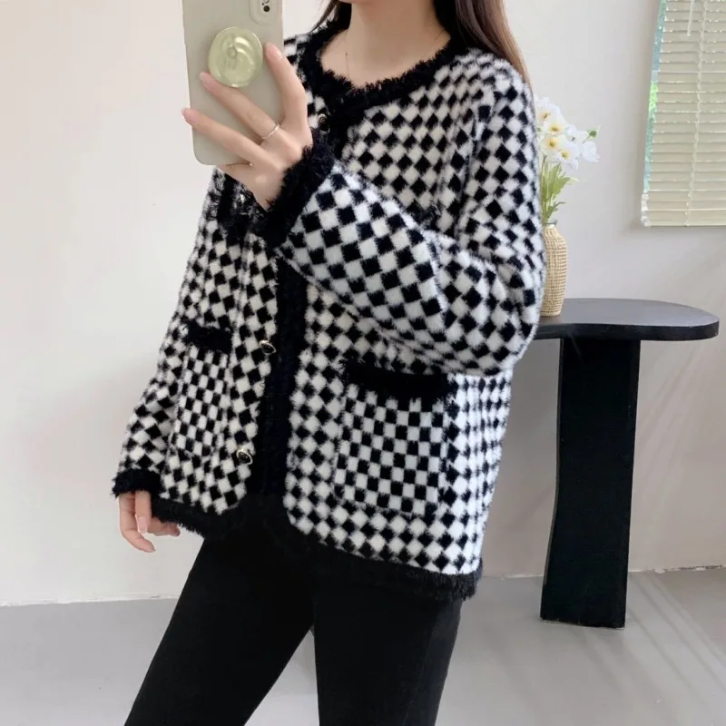 Women's Autumn Winter New Fashion Elegant Checkered Small Fragrant Coat Casual Versatile Western Comfortable Commuter Cute Tops