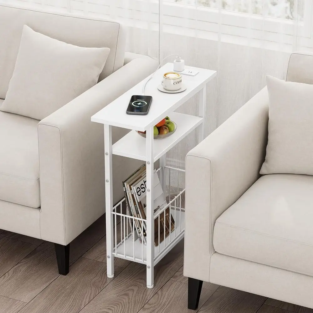 Narrow Side Table with Charging Station, Skinny Side End Table or Couch, 3-Tier Small End Tables for Small Spaces, 25.2 Tall Sli