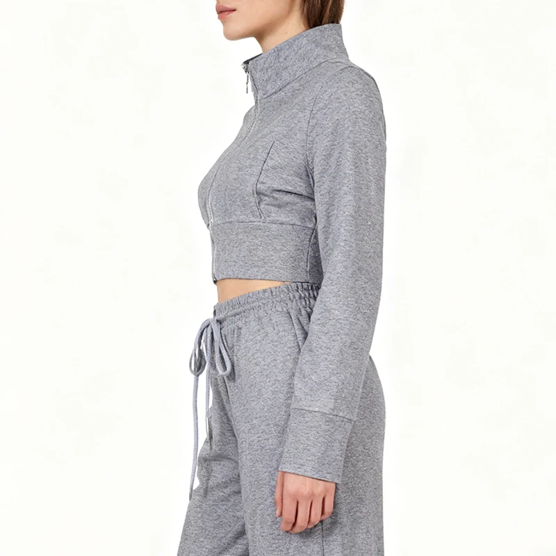 طقم مكون من قطعتين بلوزات نسائية قصيرة بسحاب كامل وأكمام طويلة وسراويل واسعة الساق عالية الخصر نحيفة كاجوال رياضية رمادية موضة الدعاوى #3