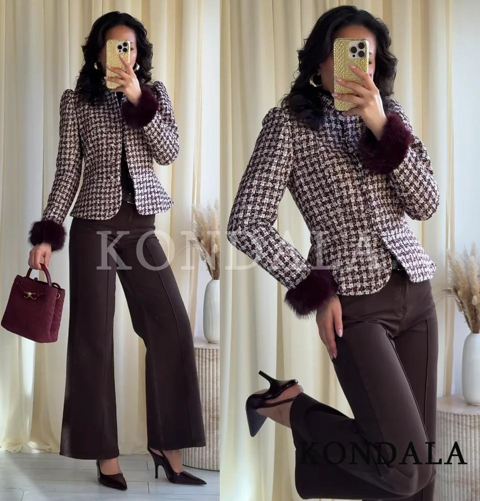 KONDALA Elegant Vintage Slim Plaid Blazer Women New 2026 Trendy Faux Fur Cuff Buttons Blazer Spring Chic High Street Lady Blazer view 5