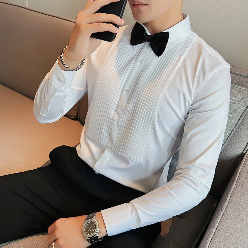 

High Quality Black/White Long Sleeve Shirt Men's Pleated Fold Tuxedo Shirt Formal Business Slim Fit Groom Wedding Dress Blouses