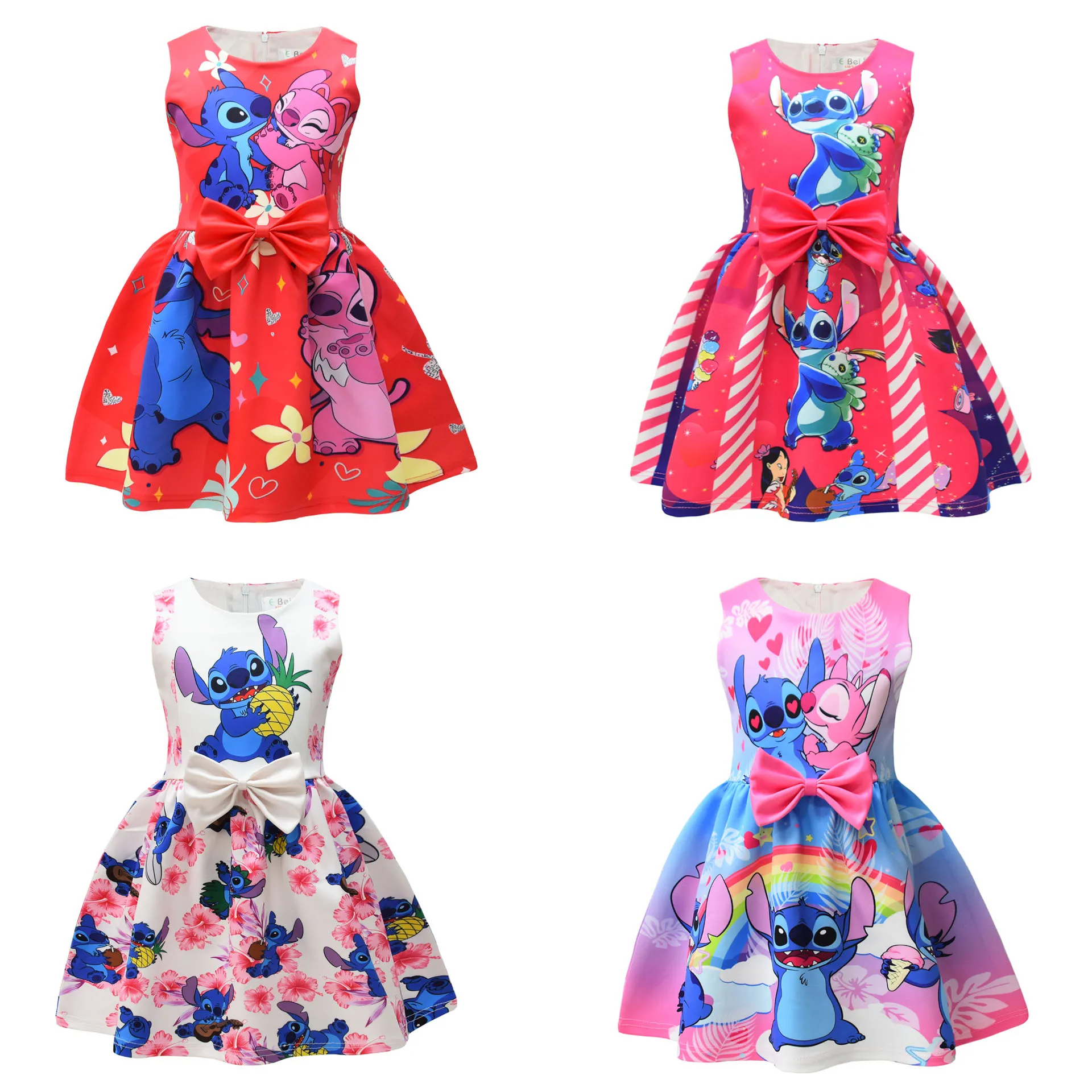 2024 New Christmas Girls Stitch Print Dress Children Halloween Cosplay Fairy Cartoon Animal Print Casual Elegant Costume Dress