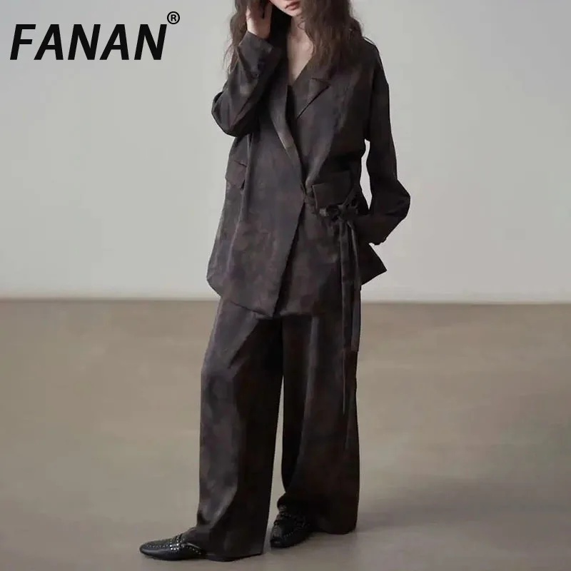 

FANAN винтажный дизайн с принтом, комплект из 2 предметов, женские свободные пиджаки со сборкой на талии на шнуровке + прямые брюки с высокой талией, новинка весны 2023 г.