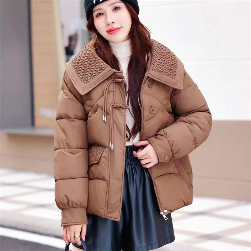 Pop Winter New Down Cotton-Padded Female Doll Lapel Chinese Style Down Cotton Jacket Female Loose New Chinese Buckle Coat