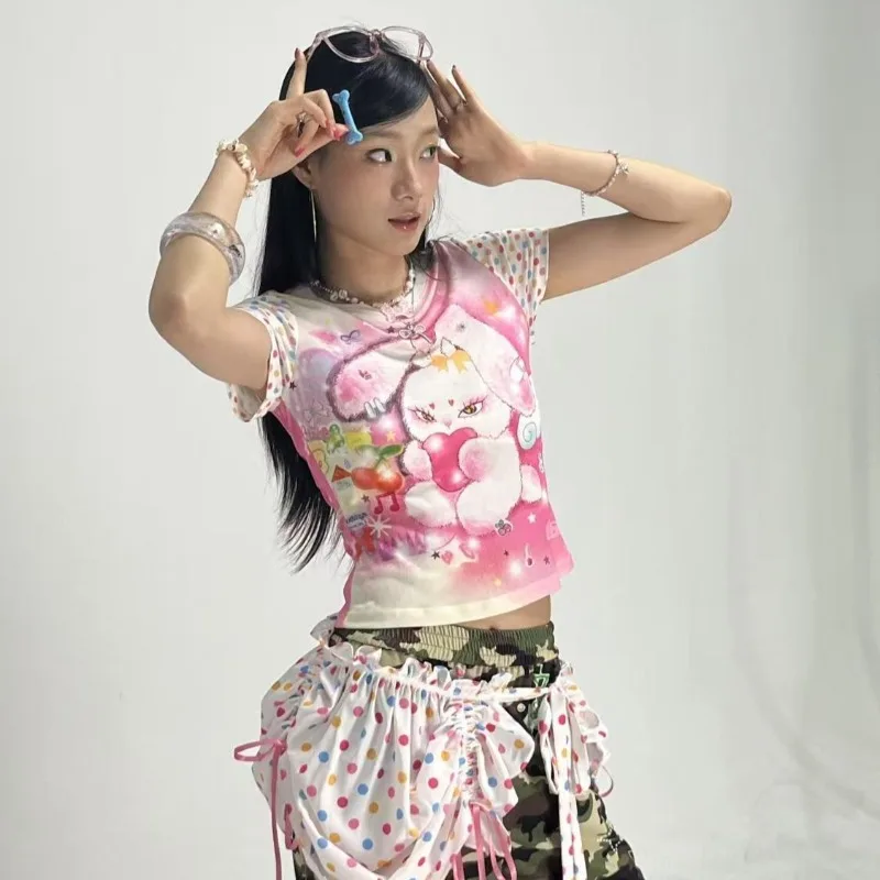 

American Retro Sweet Pink Kawaii Rabbit Print T-shirt Subculture Polka Dot Stitching Short-sleeve Tees Harajuku Slim Hottie Tops