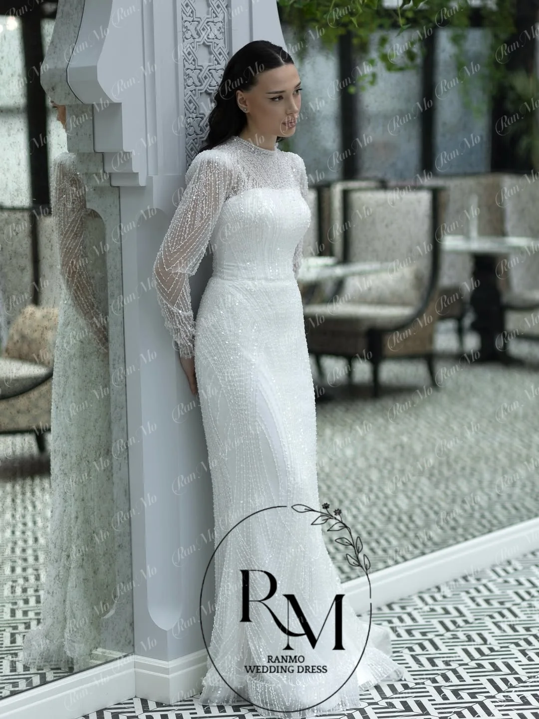 Abito da Sposa Ranmo Personalizzato con Scollo a O, Perline e Pizzo, Maniche Lunghe, Nuovo Modello 2026, Stile Sirena, Lunghezza a Terra con Strascico