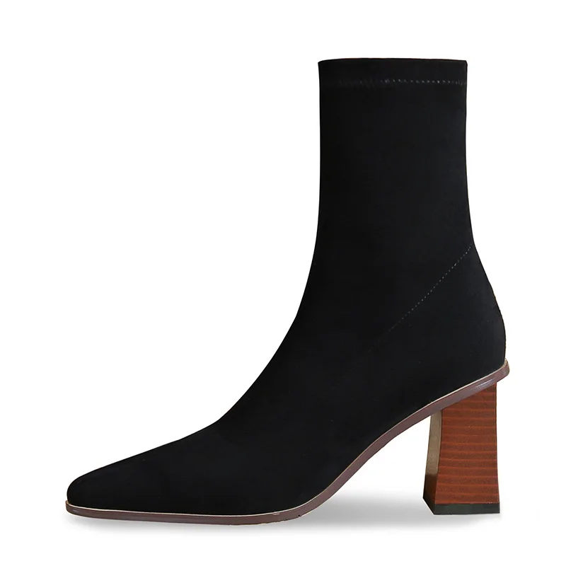 

Осенне-зимние модные женские ботинки, эластичные ботильоны из пряжи с квадратным носком, детская замшевая обувь на толстом каблуке, женские носки, ботинки bota feminin