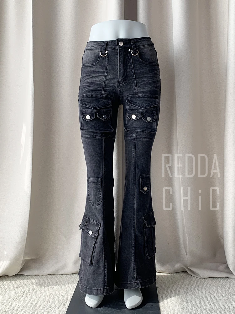 REDDACHiC Czarne Dżinsy Cargo z Niskim Stanem w Stylu Lat 2000, Postarzane z Efektem Uszczuplenia, Wielokieszeniowe, Elastyczne Spodnie Bootcut Damskie Retro Grunge Streetwear — zdjęcie 6