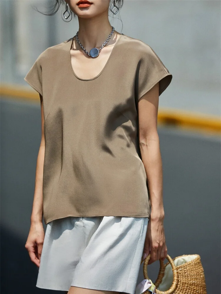 

FANNIU Spring Summer Silk Short Sleeve T-Shirt Women's Loose U-Neck Casual Wear Versatile Basic Color Chinese Production