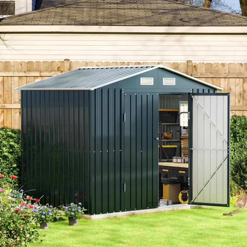 Outdoor Steel Storage Shed 8x6FT with Clear Window, Lockable Doors, Weather-Resistant Metal Tool Shed for Garden, Backyard,Patio