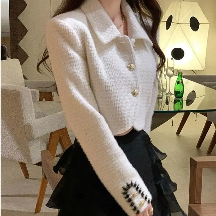 Korea Women'S Short Jacket With White Tweed Fabric Slimming Suit Office Coat Fashion Formal Wear
