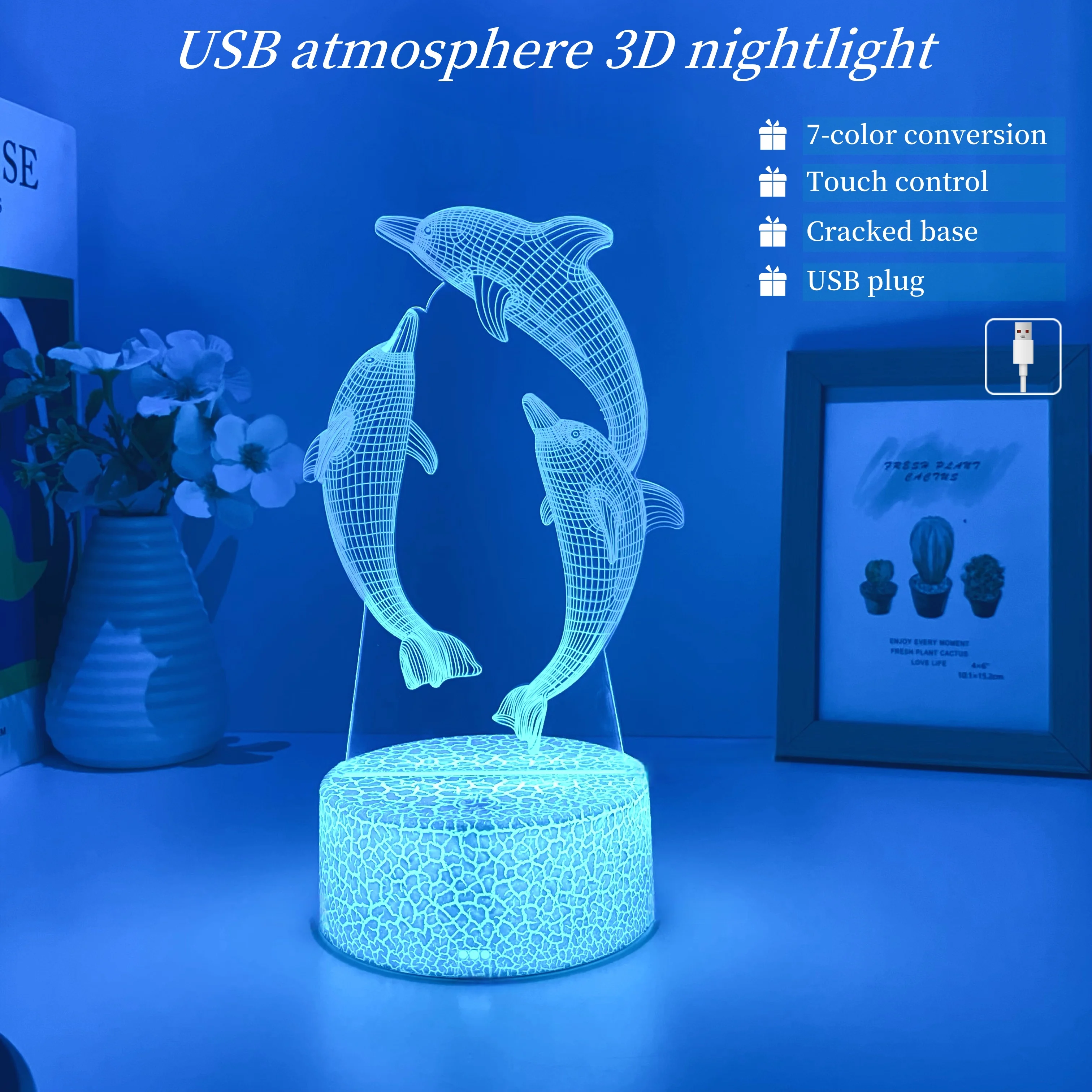 1PC dolphin pattern 3D nightlight, USB interface, atmosphere decorative light, holiday gift nightlight for friends.