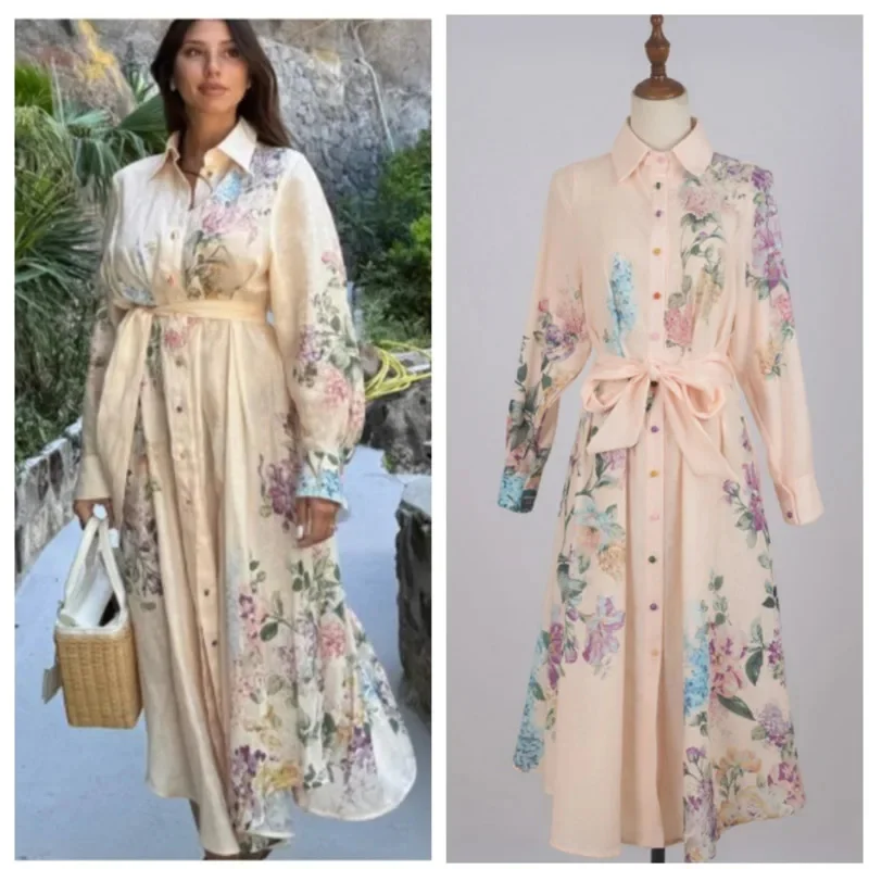 

Elegant Flower Print Shirt Dress Women Fashion Lapel Single Breast Lace Up Belt Long Sleeves Robe Summer Causal Street Vestidos