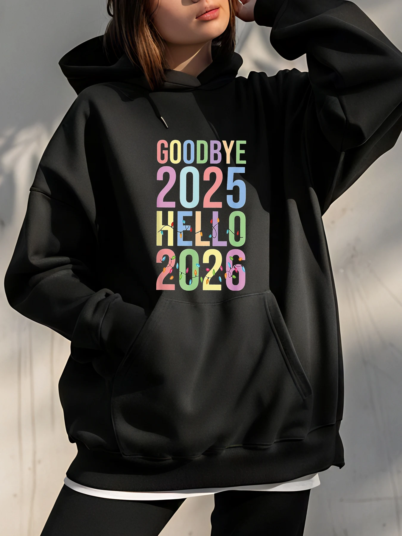 Au revoir 2025 Hello 2026 sweat à capuche imprimé arc-en-ciel unisexe sweat décontracté Streetwear mode nouvel an célébration femmes hommes
