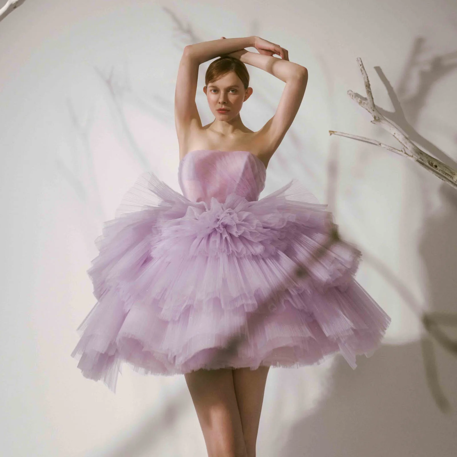 Pretty Lavender Tulle Tiered Layered Short Women Dresses To Birthday Wed Party Strapless Puff Mini Female Dress Bridal Dress