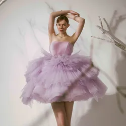 Pretty Lavender Tulle Tiered Layered Short Women Dresses To Birthday Wed Party Strapless Puff Mini Female Dress Bridal Dress