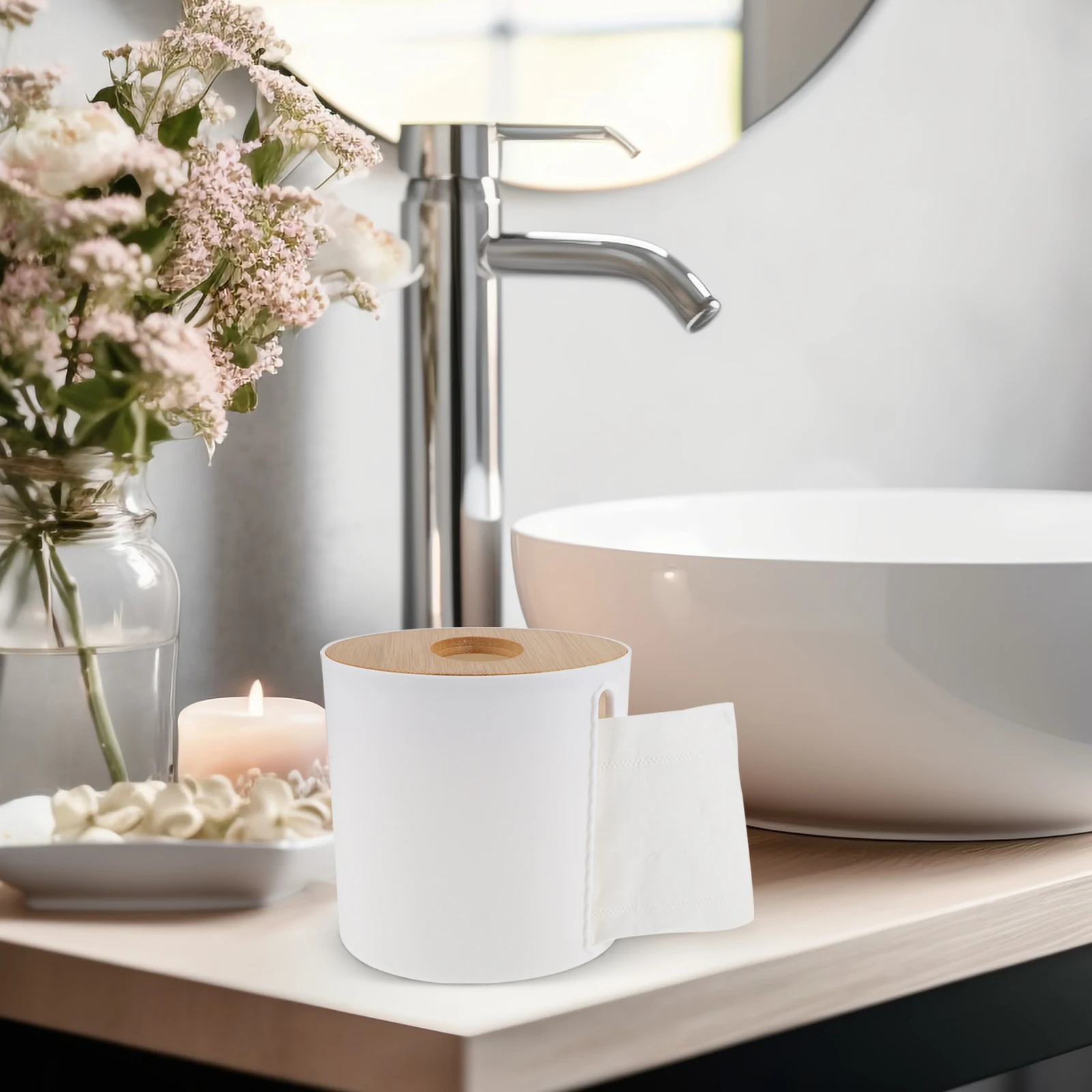 

Round Bamboo Toilet Paper Holder White Kitchen Bathroom Tissue Dispenser Roll Organizer Storage Box Side Pull Simple Design