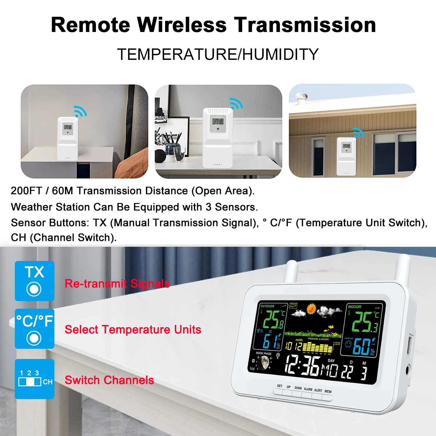 Color Screen Smart Weather Station, USB Output Indoor and Outdoor Thermometers  with Radio Time Automatic Calibration Function