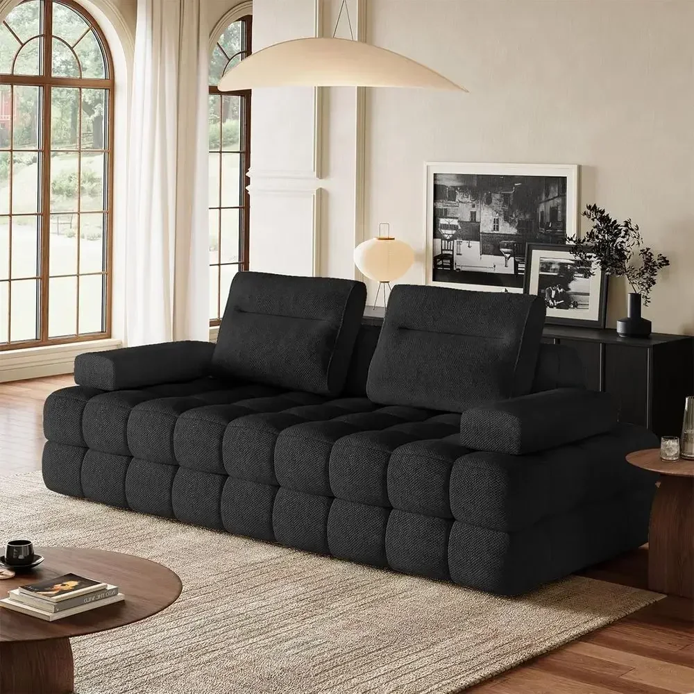 Convertible Chenille Sofa with Memory Foam, Removable Armrests & Backrests, Deep Seating, Comfortable Living Room Couch, Black