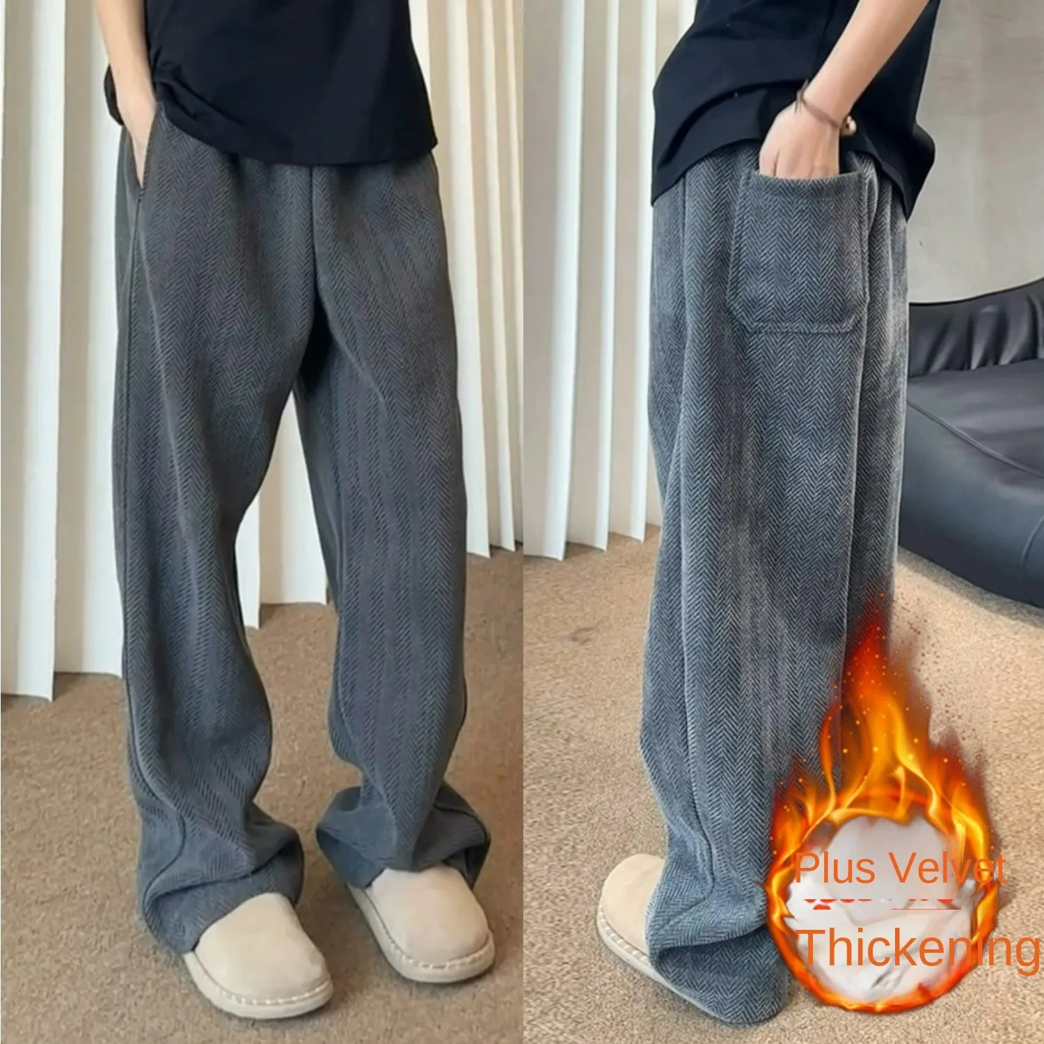 بنطال رياضي كاجوال من الصوف بتصميم كلاسيكي للرجال لخريف وشتاء - ماركة ملابس الشارع اليابانية فضفاضة ومستقيمة وسميكة