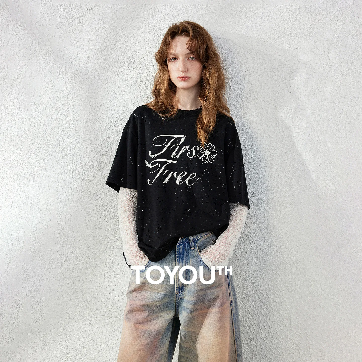 TOYOUTH Women T‑Shirt 2026 Autumn New Fake Two‑Piece Glitter Letter Print Lace Splicing Loose Long Sleeve Pullover Tops