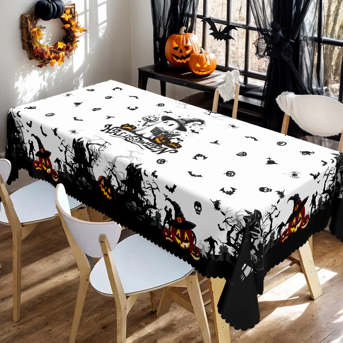 1 item, Halloween-themed party tablecloth, spirits, bats, pumpkins, skulls
