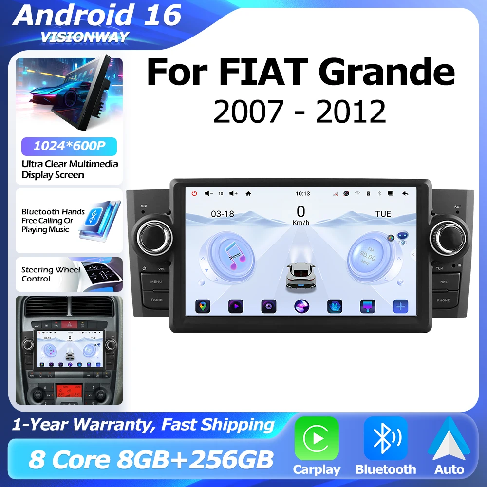 Radio para Auto Android 16 para FIAT Grande Punto Linea 2007-2012, Reproductor Multimedia Inteligente, CarPlay Inalámbrico, WIFI, 4G, DSP, GPS