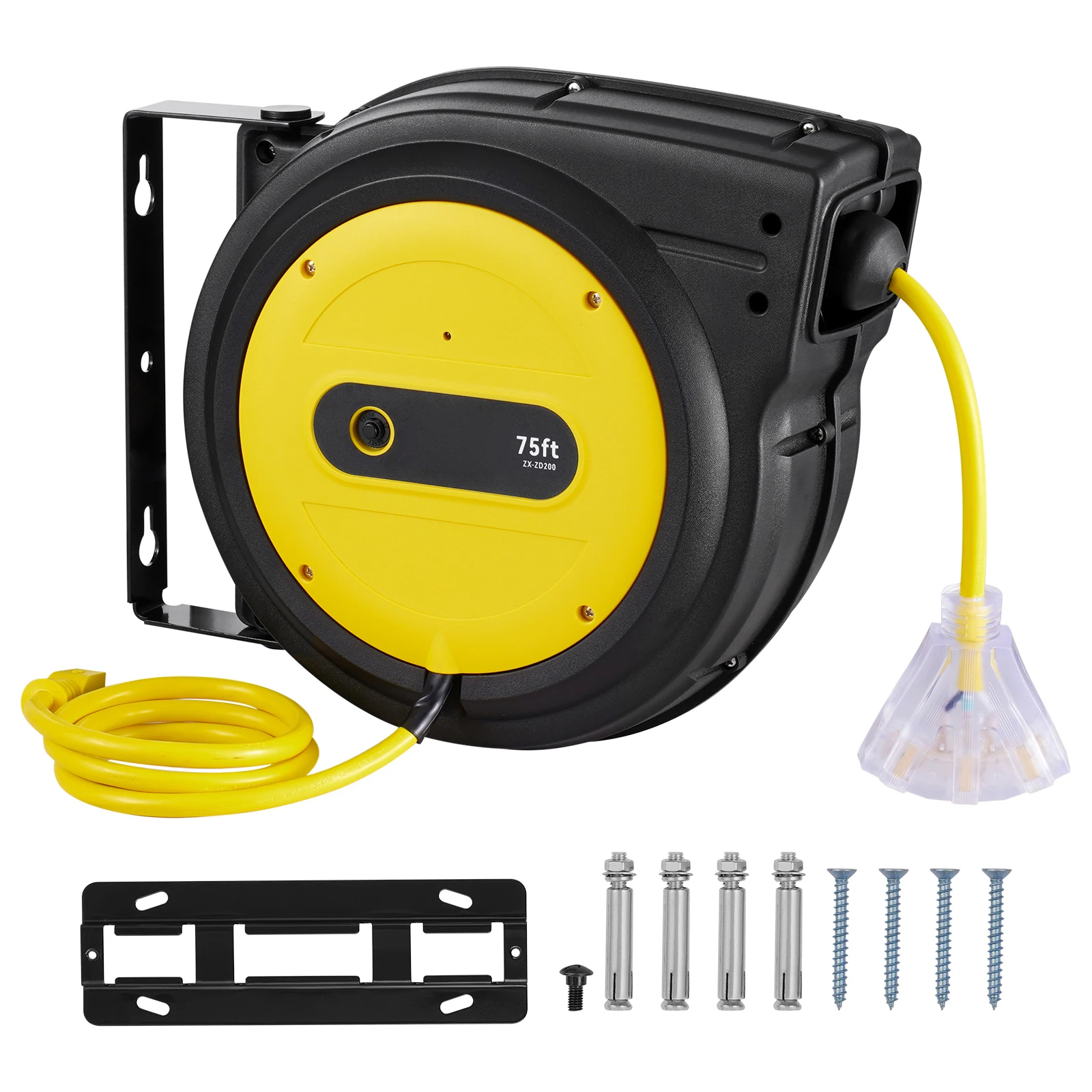 Retractable Extension Cord Reel, 75 FT, Heavy-Duty 14AWG/3C SJTOW Retractable Power Cord with Lighted Triple Tap Outlet, 13 Amp Circuit Breaker 180 °   Swivel Bracket for Ceiling or Wall Mount