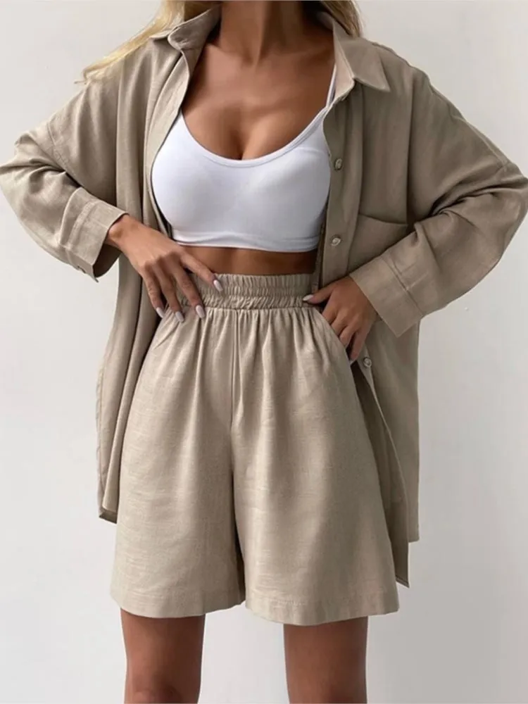 Spring Fashion Casual Short Set Women Tracksuit Wear Loose Long Shirt Top And High Waist Shorts Two Piece Sets Summer Outfits