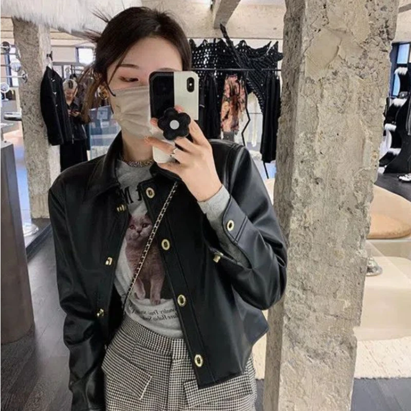 PU Leather Crop Jackets Women High Street Y2k Clothes All-match Coats for Ladies Retro Casual Ropa Mujer Chaquetas Long Sleeve