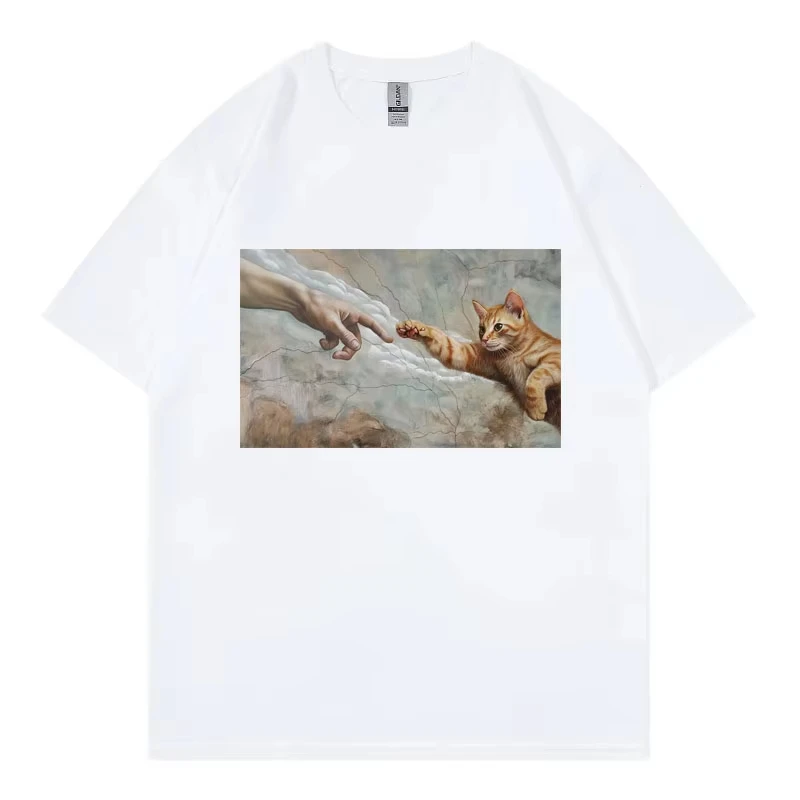 Funny Cat God Creation of Adam Meme T-shirt Men Women Summer 100%cotton T Shirt Casual Fashion Short Sleeve T-shirts Streetwear