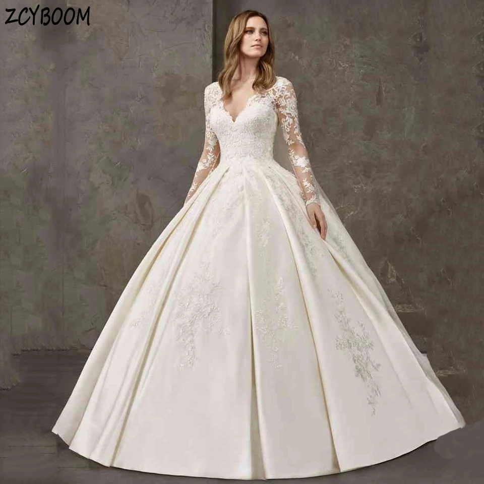 

Elegant White V-Neck Sequin Appliques Long Sleeves Wedding Dress 2024 Ball Gown Floor Length Sweep Train Stain Bridal Gown