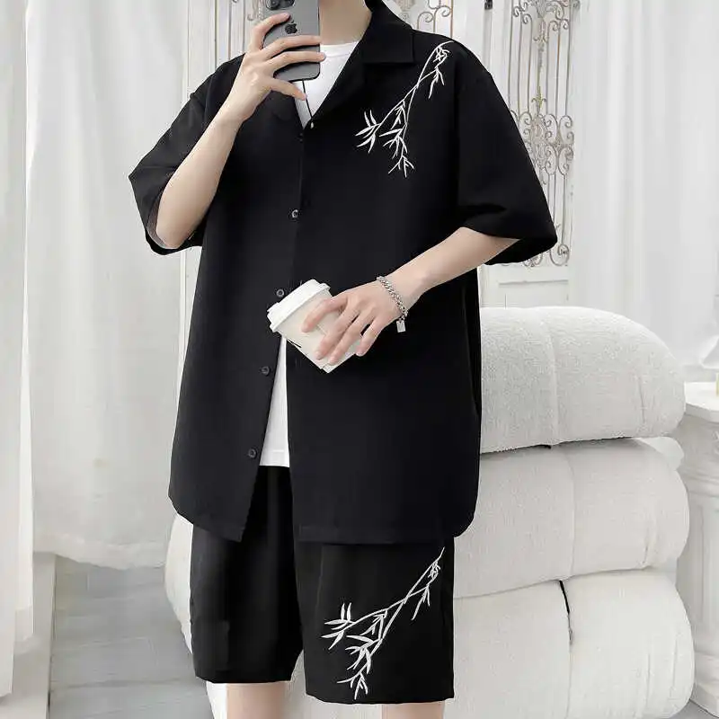 Summer Two-Piece Men Outfits Short Sleeve Shirt and Shorts Bamboo Embroidery Elegant Simple Clothes Casual Thin Oversized Sets