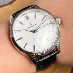 NH35A Tandorio Diving 20ATM Steel Mechanical Watch Men Silver Index Dome Sapphire Crystal White Blue Dial Leather Band Rejor