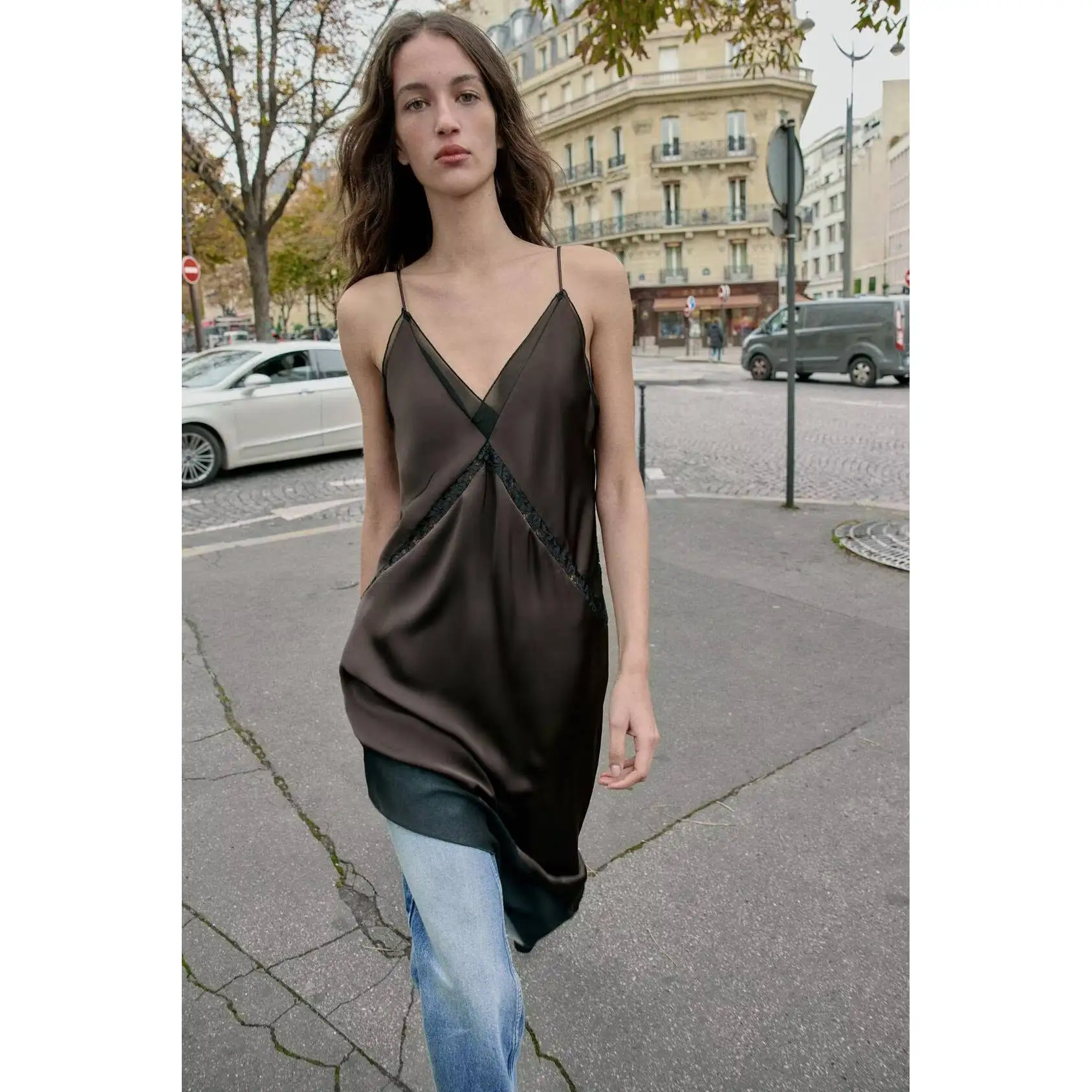 Faionable Asymmetric Midi Dr Women's New Autumn Winter Satin Fabric ZR Sle Ci Commuting Non-deformable Polyester Fiber