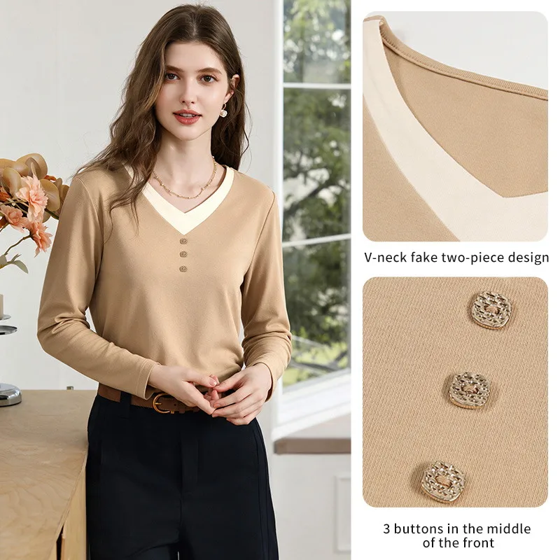 I BELIEVE YOU Women's Fake Two‑Piece Long Sleeve T‑Shirt Autumn Cotton V‑Neck Color Blocking Tees Casual Basic Top 2264016424