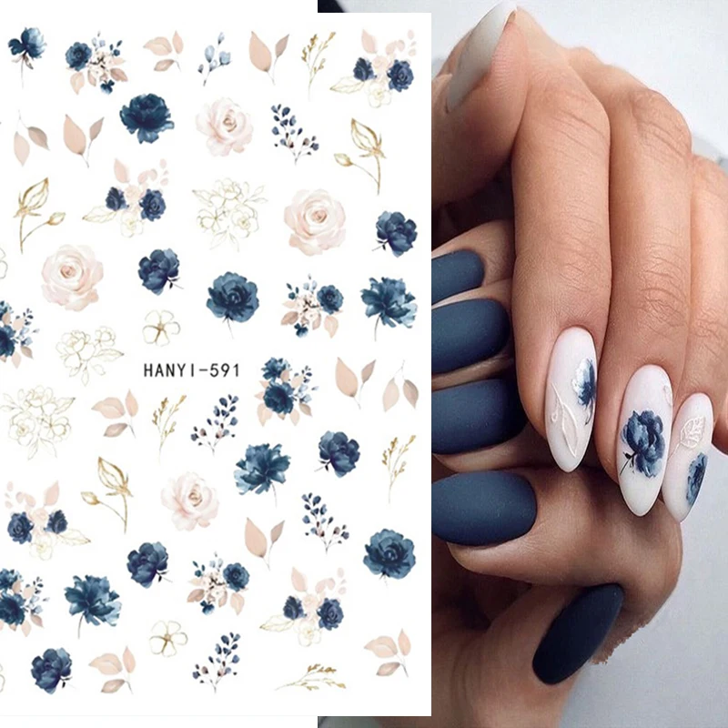 

3d White Royalblue Roses Flowers Leaves Nail Art Stickers Adhesive Sliders Nail Decals For Nails Decoration Manicure Accessories