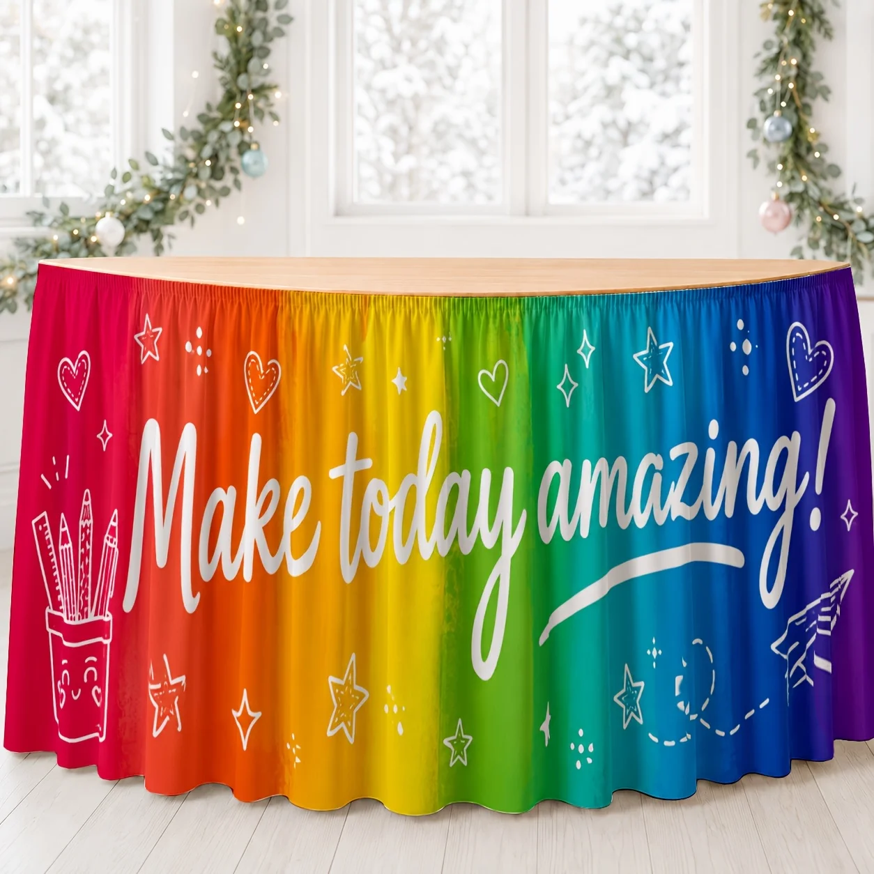 1 piece of table skirt, table dress, print, vibrant rainbow gradient, cheerful and inspiring, creative and fun