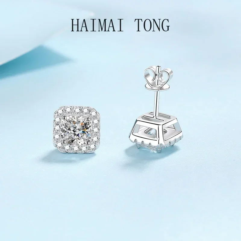 

Fine Jewelry PT950 Platinum Girlfriend Gift Certificate D Color Moissanite Diamond Unusual Square Halo Stud Earrings for Women