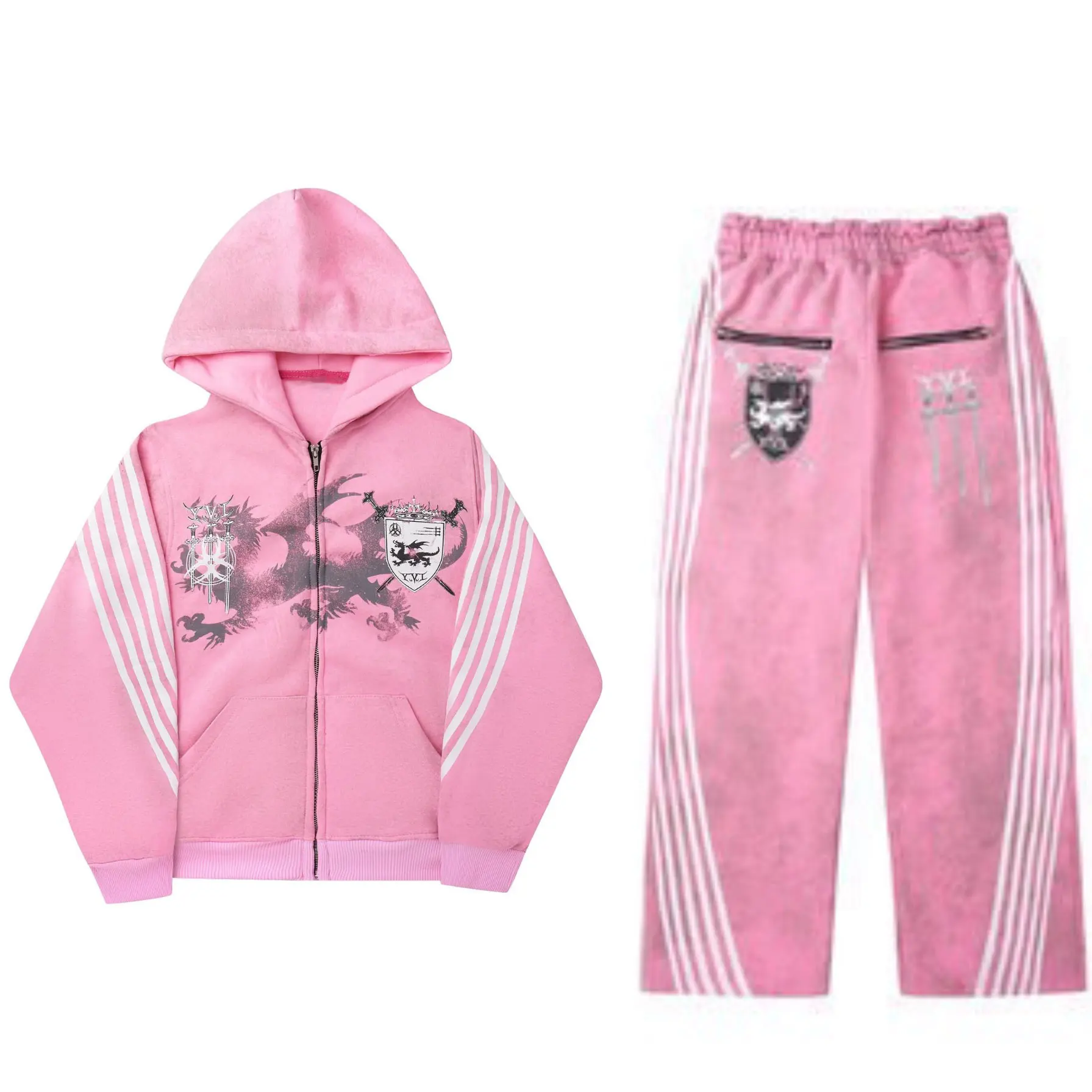 

European and American retro design printed hoodie trendy brand street zipper loose fit men's and women's hoodie+sweatpants