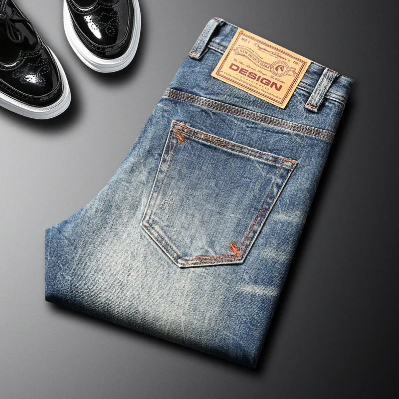 

2023 осенне-зимние джинсы, мужские повседневные универсальные эластичные облегающие брюки, высококачественные модные трендовые маленькие прямые брюки