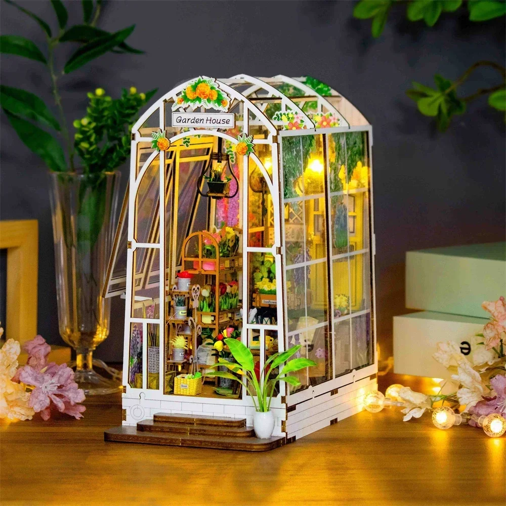 Flower Garden Room Bookshelf DIY Wooden Book Nook Shelf Insert Miniature Building Kits with LED Lights Bookends Friends Gifts