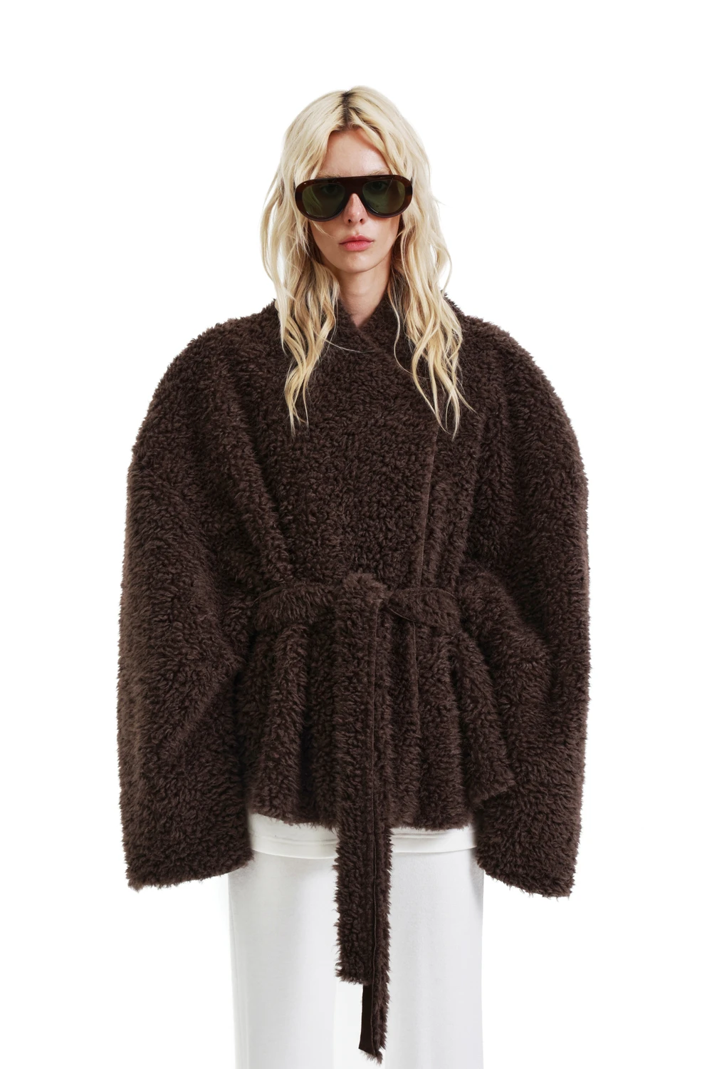 Laur 2026 Women Faux Teddy Fur Wrap Coat Belted Waist Oversized Fluffy Winter Elegant Warm Outerwear