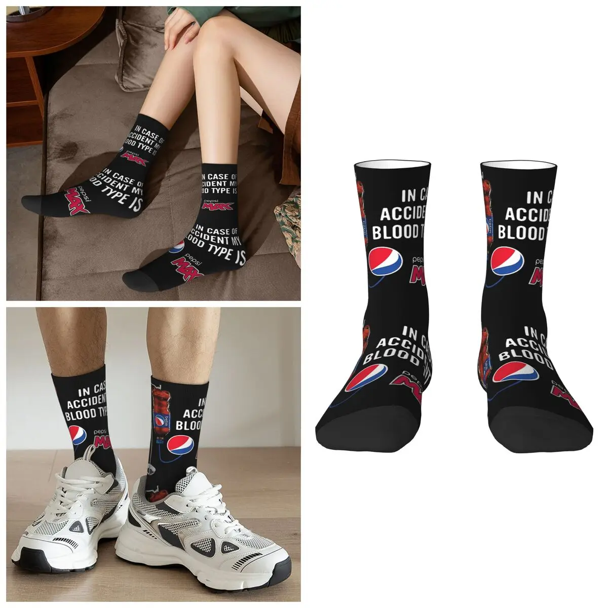 

In Case Of Accident My Blood Type Is Pepsi Socks Harajuku High Quality Stockings All Season Long Socks for Man Birthday Present