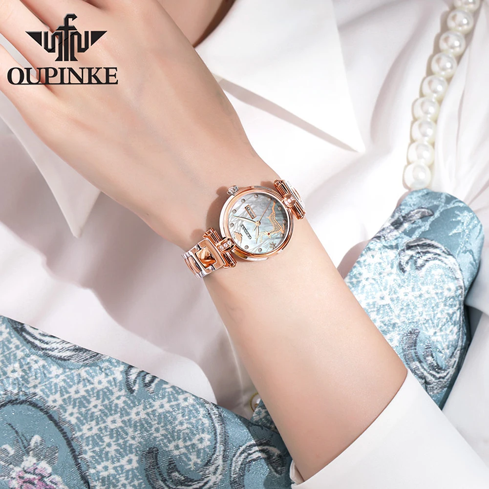 OUPINKE-relojes mecánicos para mujer, reloj de pulsera con diseño de ciervo de diamante, correa de acero de lujo superior, automático, 3180