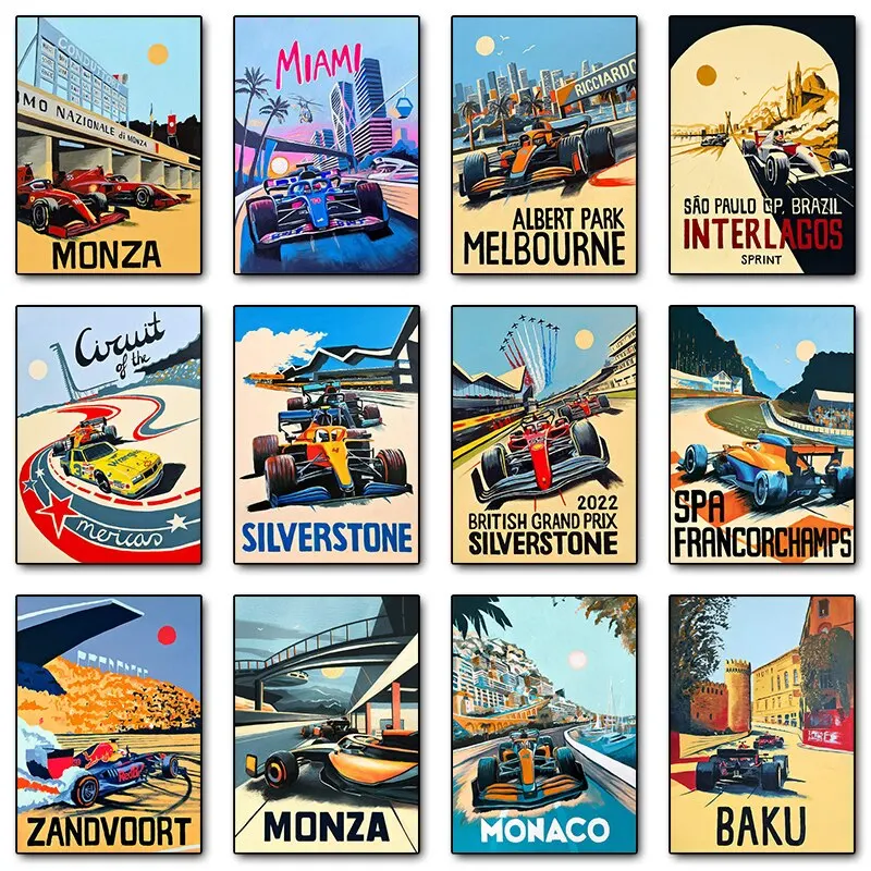 Vintage F1 Racing Car City Poster Canvas Painting for Car Racing Fans and Motorsport Enthusiasts